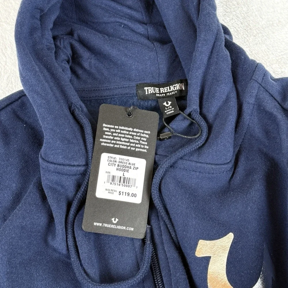 True Religion City Buddha Full Zip Hoodie Jacket Mens Large Blue New 44.5